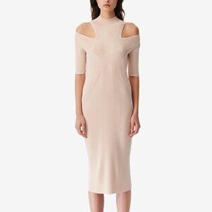 IRO Paris Cutout Knit Midi Bodycon Dress Taupe Priscilla Sz L Cocktail Mock Neck